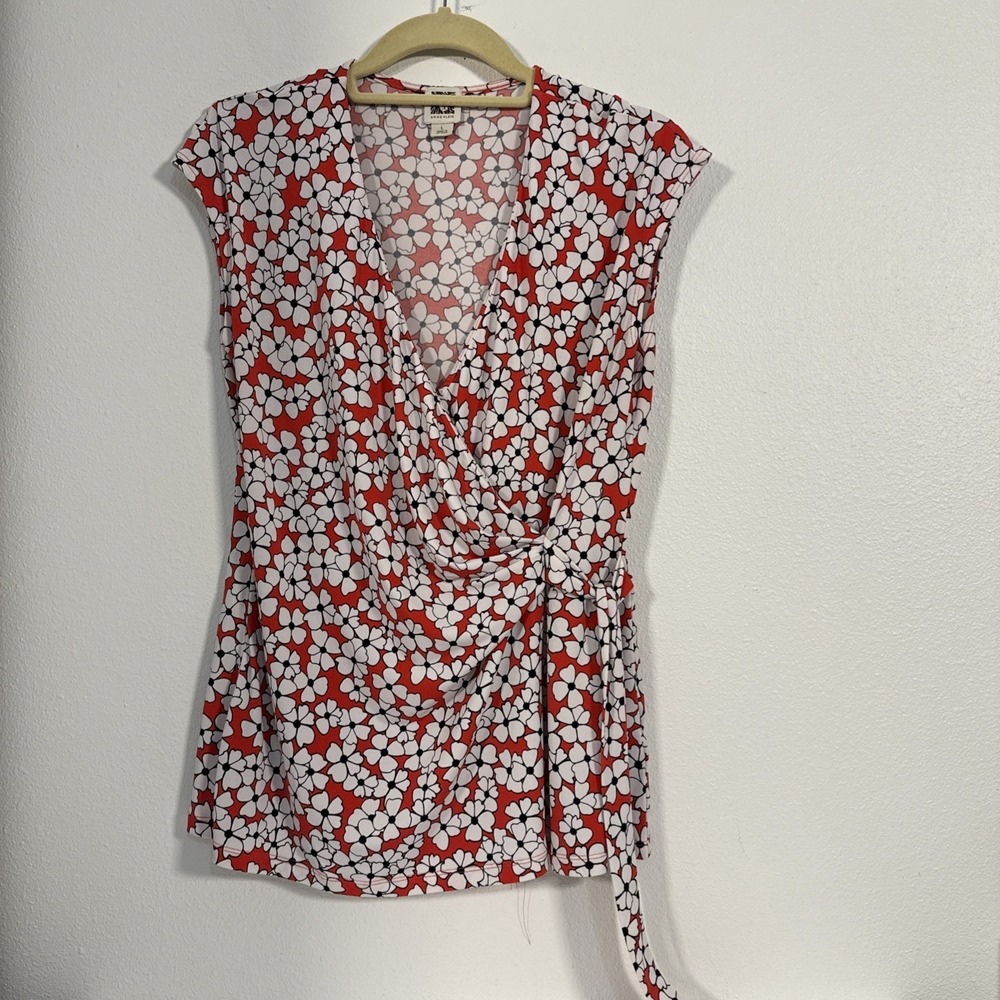 Anne Klein Women's Top Side Tie V Neck Floral Large Sleeveless V1